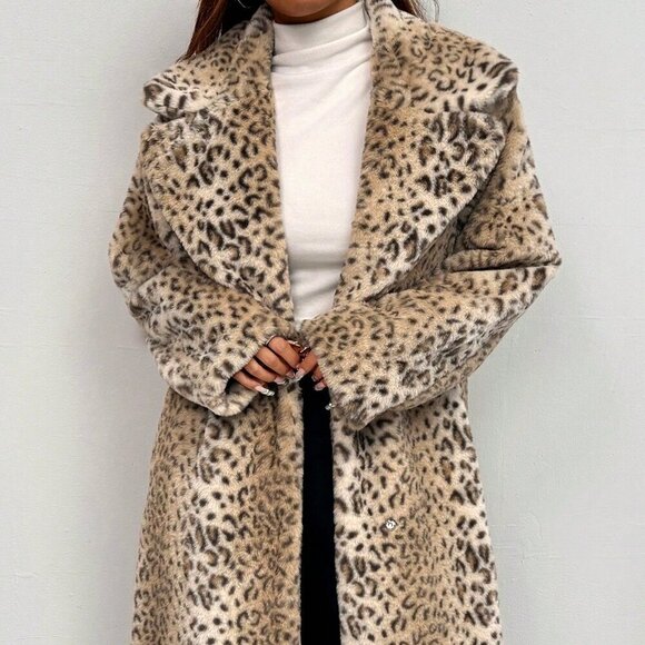 Casual Women's Leopard Print Long Sleeve Faux fur Coat - Picture 3 of 6